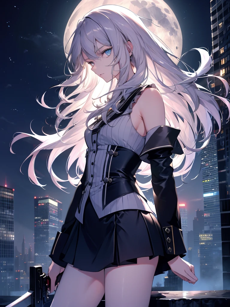 ((masterpiece)), ((best quality)), ((best illustration)), ((ultra-detailed)),((photorealistic color)), 1 lady, solo, teenager, absurdly long hair, silver hair, straight hair, ((blue eyes)), ((ultra detailed eyes)), ((ultra detailed face)), holding weapon, gloomy face, lonely, looking at viewer, business suit, off shoulder, sleeveless, ((miniskirt)), bare legs, thin body, thin arms, long arms, standing, cowboy shot, side view, rooftop, skyline, urban, night, moonlight, backlight