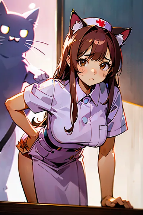 a beautiful woman with cat ears wearing a nurse's uniform, kawaii. she has long pink-brown hair with beast ears. 2.5d anime, lea...