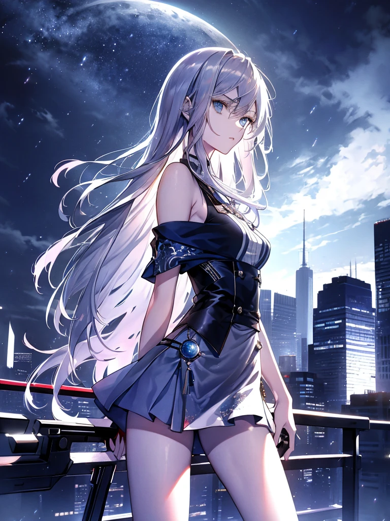 ((masterpiece)), ((best quality)), ((best illustration)), ((ultra-detailed)),((photorealistic color)), 1 lady, solo, teenager, absurdly long hair, silver hair, straight hair, ((blue eyes)), ((ultra detailed eyes)), ((ultra detailed face)), holding weapon, gloomy face, lonely, looking at viewer, business suit, off shoulder, sleeveless, ((miniskirt)), bare legs, thin body, thin arms, long arms, standing, cowboy shot, side view, rooftop, skyline, urban, night, moonlight, backlight