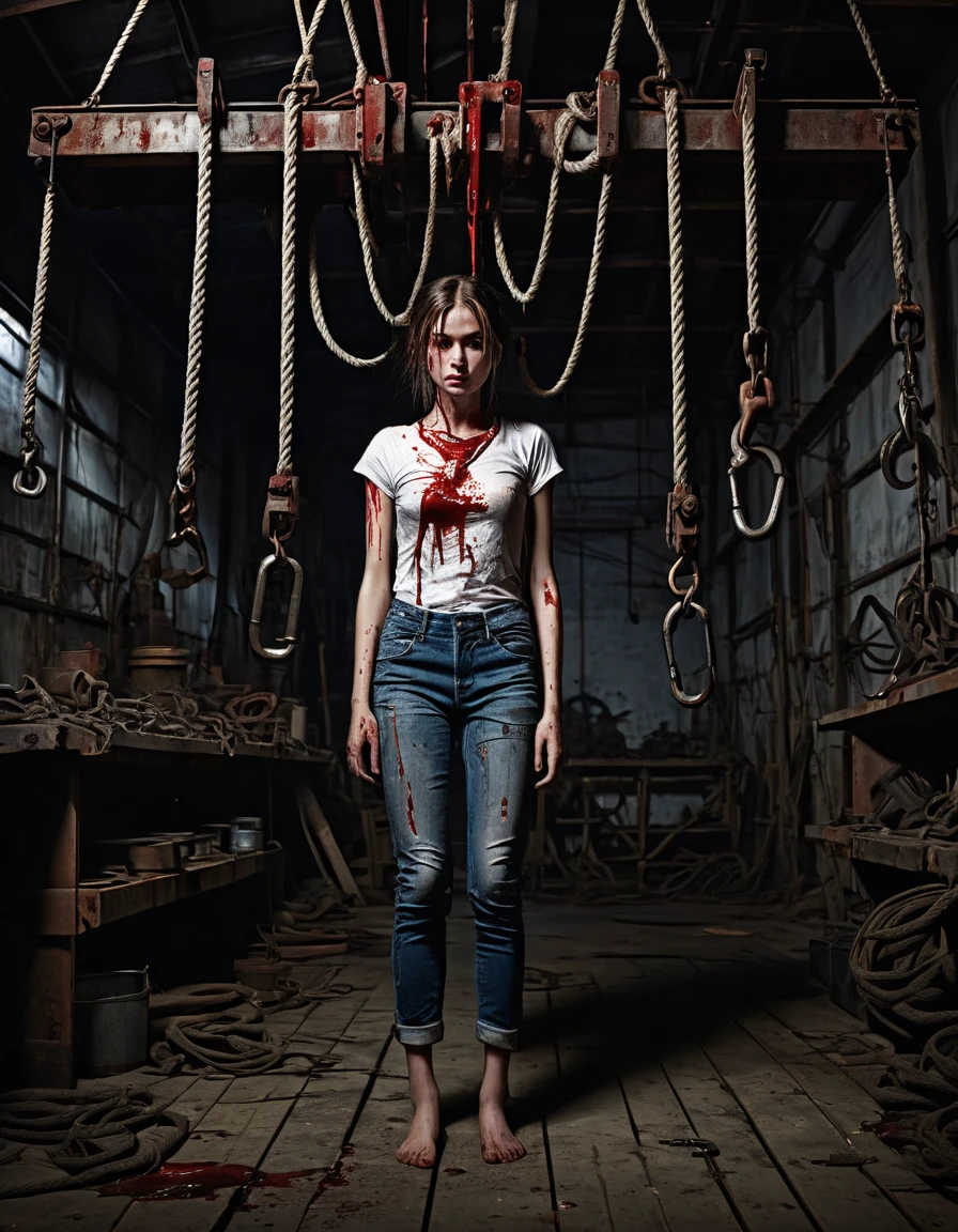 A 25-year-old girl suspended from the ceiling in a dimly lit storehouse filled with tools and old machinery, legs dangling above the ground, hands bound by a single rope, wearing a white t-shirt and jeans, her body is covered with blood from the torture she endured by her captors, tense atmosphere, gritty realism, high detail, dramatic cinematic lighting, masterful composition, cinematic framing, professional quality.
