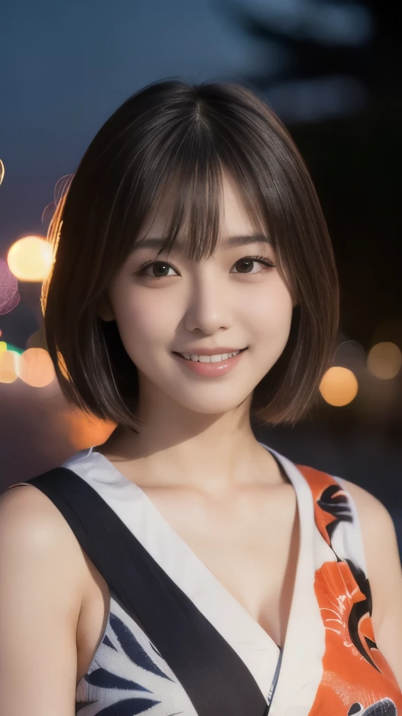 8k,Highest quality,(masterpiece:1.2),(Realistic),(Realistic:1.37),Ultra-high resolution,1 female college student,Fireworks display,night,smile,Beautiful Eyes,(((Cute Yukata))),Perfect body,Perfect Fingers,Professional Lighting,gravure,Detailed face and skin texture,fine grain,RAW Photos