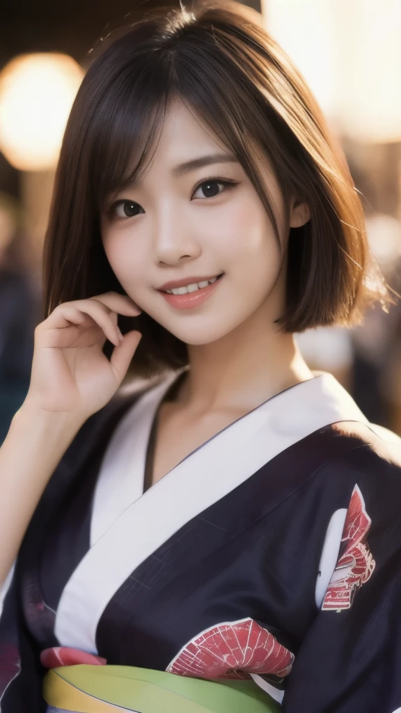 8k,Highest quality,(masterpiece:1.2),(Realistic),(Realistic:1.37),Ultra-high resolution,1 female college student,Festivals,night,smile,Beautiful Eyes,(((Cute Yukata))),Perfect body,Perfect Fingers,Professional Lighting,gravure,Detailed face and skin texture,fine grain,RAW Photos