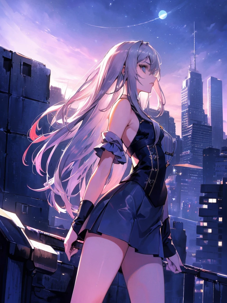 ((masterpiece)), ((best quality)), ((best illustration)), ((ultra-detailed)),((photorealistic color)), 1 lady, solo, teenager, absurdly long hair, silver hair, straight hair, ((blue eyes)), ((ultra detailed eyes)), ((ultra detailed face)), holding weapon, gloomy face, lonely, looking at viewer, business suit, off shoulder, sleeveless, ((miniskirt)), bare legs, thin body, thin arms, long arms, standing, cowboy shot, side view, rooftop, skyline, urban, night, moonlight, backlight