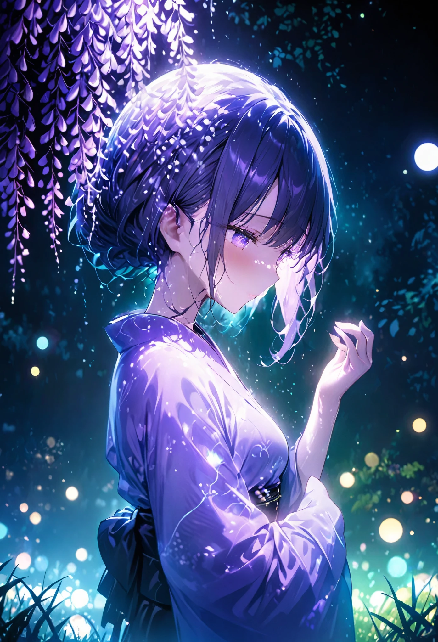 16K、8k、32K、朧月、Woman wearing purple kimono、Looking Down、Wisteria flower、Green grass、night、moonlight、masterpiece, best quality, extremely detailed CG unity 8k wallpaper, bokeh photography, (soft focus):1.2, out-of-focus highlights, dreamy ambiance, glowing circles, mesmerizing depth, Depth of written boundary