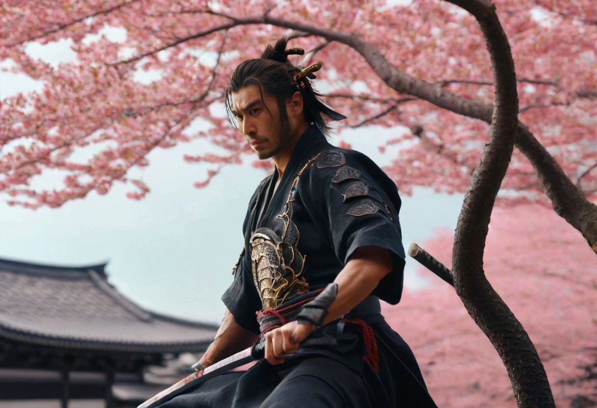 realisitic, 4K, samurai with a dragon, background an ancient Japanese city and cherry blossom tree, very detailled
