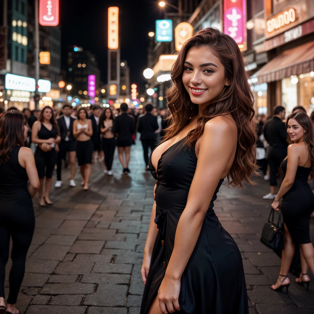 A 22-year-old woman with an elegant appearance. A 22-year-old model posing in a bustling city street at night. The background is filled with neon lights and vibrant city life. My long, wavy chestnut hair cascades over my shoulders and frames my face, highlighting my green eyes. My full, dark red lips are shaped into a smile. My button nose is sprinkled with freckles, contrasting with my tanned skin. My eyebrows are thick and dark, giving me a seductive look. My cheekbones are high and defined, and my eyelashes are long and curled. My curves are accentuated. My pose is elegant and relaxed, with my body facing the camera and my face turned to one side. I’m wearing a stylish, form-fitting dress that shines under the city lights. My hair is loose, and my makeup is light and natural. The shot is taken from a distance, with the camera positioned slightly lower to emphasize my beauty. There is an exciting, energetic atmosphere, and I am laughing and smiling, looking happy. My teeth are white. My hands are not in the frame. The photo quality is from an iPhone 13.
