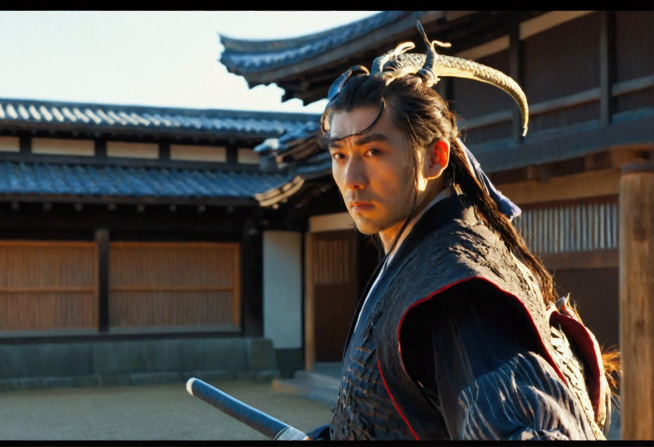 realisitic, 4K, samurai with a dragon, background an old Japanese city, very detailled
