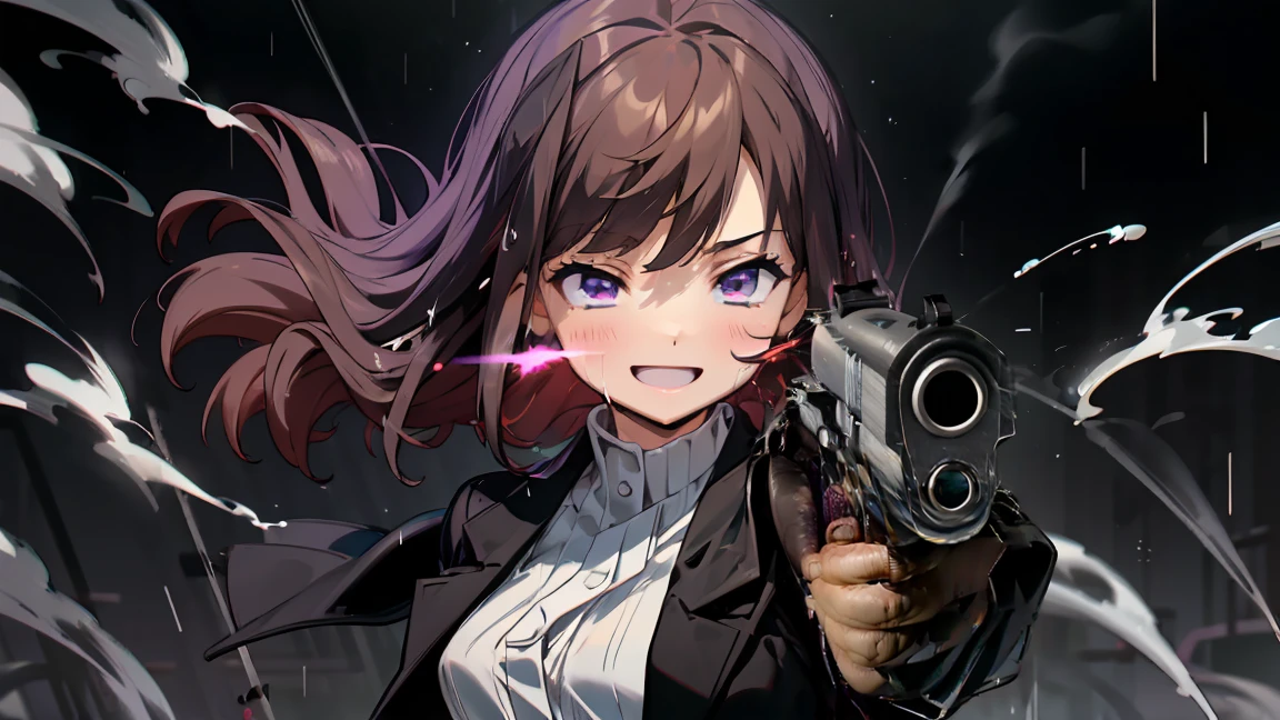 Handgun、She laughs, pushing her hair back with one hand.、Light purple eyes、White Shirt、Black suit draped over shoulders。Wet with rain、Gray and black mixed color background、Smoke。Point the gun at the camera。Beautiful Hands、Light brown hair