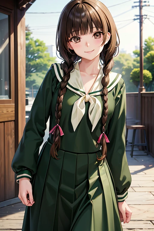 Yuno Shimazu、Shiny brown hair,Long Hair,  、((2 braids:1.5、Hair that falls over the shoulders)),Beautiful brown eyes、Sparkling eyes, Fine grain、smile、Ultra-detailed eyes、Highly detailed face, Highly detailed eyes,Cowboy Shot、

 
  school uniform, Sailor collar, neckerchief, Green Shirt, Sailor shirt, Long sleeve, Green Skirt, Long skirt, 
Highly detailed background, alone, Skirt Lift, 路上でalone持ち上げる, smile, school uniform,, White panties, Are standing,