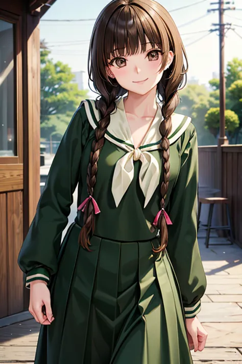 yuno shimazu、shiny brown hair,long hair,  、((2 braids:1.5、hair that falls over the shoulders)),beautiful brown eyes、sparkling ey...