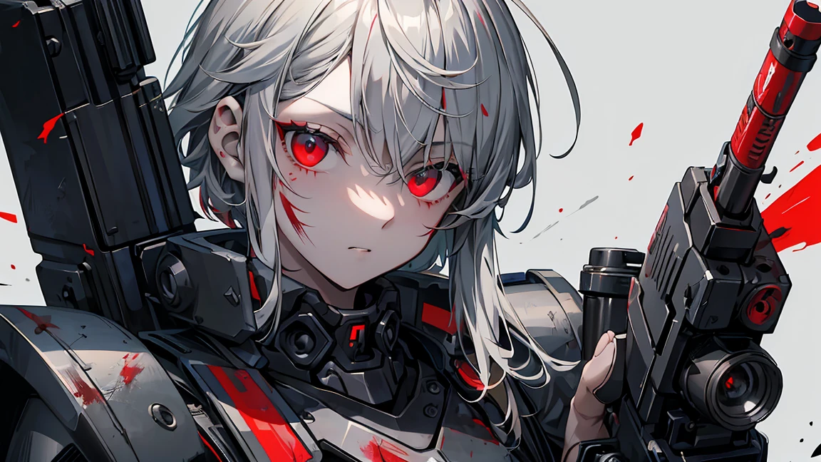 Handgun、((Aim the gun at the camera))、((Upper Body))、((Gray Hair))、((Photograph from the front))、(((((gun))))),((((Pointing the gun this way))))（Covered in blood）、Clothes full of scratches、((Scarred Face))、Red-black eyes、Detailed eyes、Scorched black clothes、((Detailed hands))、high resolution、Detailed picture、Beautiful painting、Cold look、masterpiece, best quality, detailed beautiful face and eyes,detailed beautiful face,and eyes