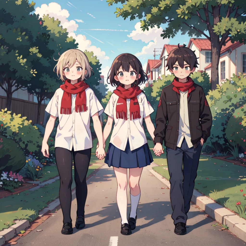 Anime style, teenage couple, romantic atmosphere, both characters are wearing white shirts and red pioneer scarves, they are holding hands while walking to school, school background, soft morning sunlight, gentle wind