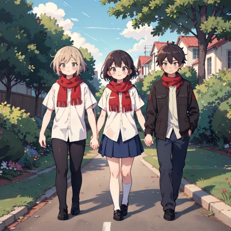 anime style, teenage couple, romantic atmosphere, both characters are wearing white shirts and red pioneer scarves, they are hol...