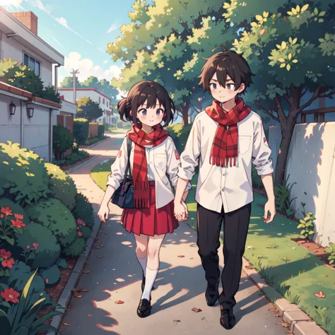 anime style, teenage couple, romantic atmosphere, both characters are wearing white shirts and red pioneer scarves, they are hol...