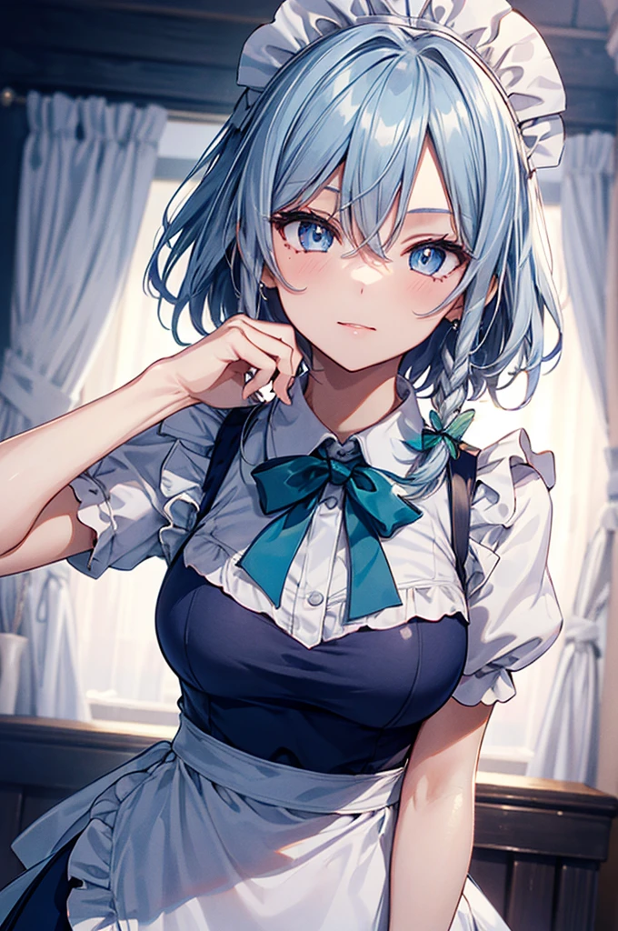 1girl, solo, touhou, izayoi sakuya, medium breasts, maid, white shirt, puffy short sleeves, frills, white maid apron, maid headdress, blue dress, green bowtie,masterpiece,Noise Reduction,perfect anatomy,high resolution, ultra-detailed, ultra-detailed face,game cg,dutch angle ,beautiful detailed eyes,visualart,five fingers, perfect hands, perfect lighting, sparkling pupils,