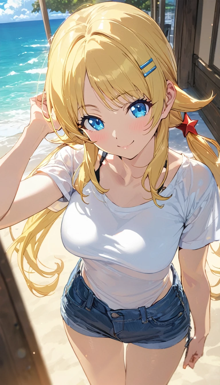 (masterpiece),(Highest quality),(Very detailed),(Best illustrations),(Best Shadow),(Absurd),(Detailed Background),(so beautiful), 
Anime style,
Hachimiya Meguru,
one person&#39;s, alone,
blonde, hair ornaments, Twin tails, Hair Clip, Long Hair, 
smile, Blue Eyes, Beautiful eyes down to the last detail,
chest,
Yellow swimsuit, White T-shirt over swimsuit, Short denim pants, Denim is leg length,
whole body, 
Ocean, Ocean辺, Sandy Beach,
noon, sunlight, cloud, Background Blur, 