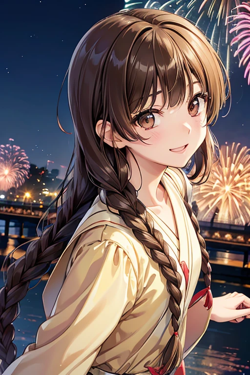 Yuno Shimazu、Shiny brown hair,Long Hair,  、((2 braids:1.5、Hair that falls over the shoulders)),Beautiful brown eyes、Sparkling eyes, Fine grain、smile、Ultra-detailed eyes、Highly detailed face, Highly detailed eyes,Cowboy Shot、

 
(masterpiece, Highest quality:1.1), (Popart Style),Flat Color,(),Cute Face,Tween,Have a nice trip,(Niigata，Nagaoka City，Nagaoka Fireworks Festival),Japan, Beautiful detailed scenery, Beautiful lighting,very happy,Dynamic pose,Photo portrait, sharp,An illustration