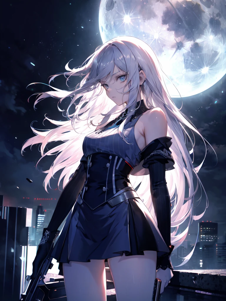 ((masterpiece)), ((best quality)), ((best illustration)), ((ultra-detailed)),((photorealistic color)), 1 lady, solo, teenager, absurdly long hair, silver hair, straight hair, ((blue eyes)), ((ultra detailed eyes)), ((ultra detailed face)), holding weapon, gloomy face, lonely, looking at viewer, business suit, off shoulder, sleeveless, ((miniskirt)), bare legs, thin body, thin arms, long arms, standing, cowboy shot, side view, rooftop, skyline, urban, night, moonlight, backlight