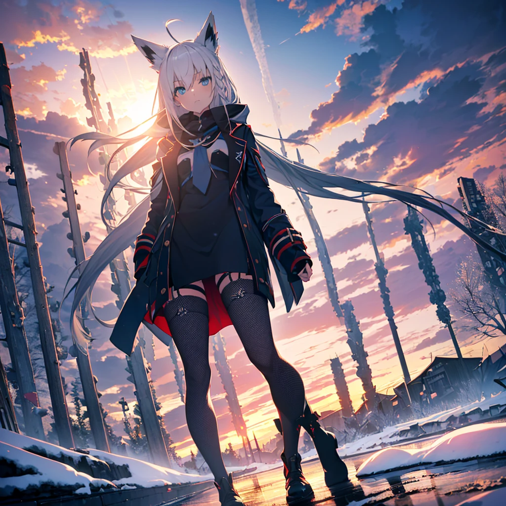 (Highest quality, 8k, 1 person, alone, Silver Hair, Long Hair, Gorgeous Hair_style), blue eyes, Expressionless, ( Black Legs_Fishnet tights, body_stockings, Cape), army_Have, Warm lighting, sunset, Snow Mountain、front