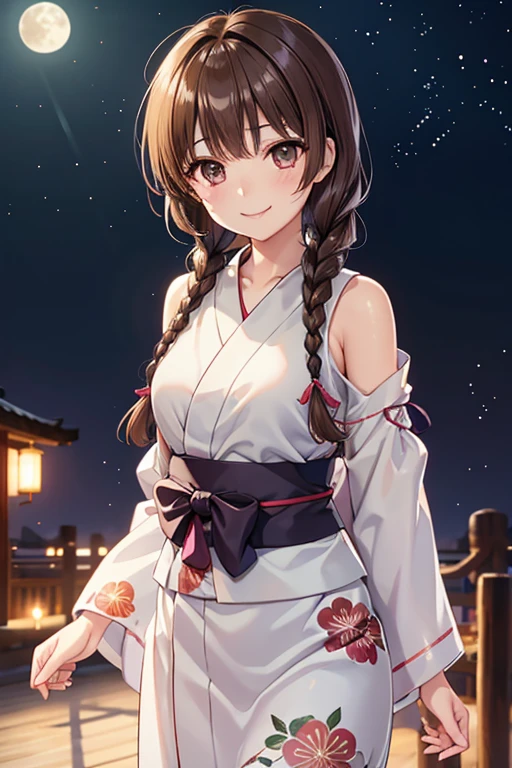 Yuno Shimazu、Shiny brown hair,Long Hair,  、((2 braids:1.5、Hair that falls over the shoulders)),Beautiful brown eyes、Sparkling eyes, Fine grain、smile、Ultra-detailed eyes、Highly detailed face, Highly detailed eyes,Cowboy Shot、

 
masterpiece, Highest quality, Absurd, Perfect Anatomy,  alone,  beautiful, Hilarious, Moonlit Night, Summer festival, Summer winds, Sexy Yukata, Floral,smile