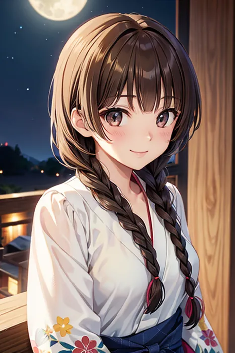 yuno shimazu、shiny brown hair,long hair,  、((2 braids:1.5、hair that falls over the shoulders)),beautiful brown eyes、sparkling ey...