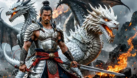 stoic tenjin warrior next to a white dragon, muscular, amazing sword, samurai armor, older, scars, highy detailed, intrikate, fl...