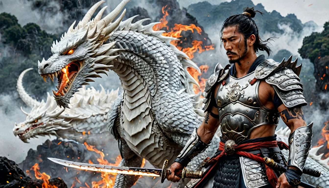 stoic tenjin warrior next to a white dragon, muscular, amazing sword, samurai armor, older, scars, highy detailed, intrikate, flames emanating from the body, broken armor, field of battle, misty, hyper detailled, tattoo's