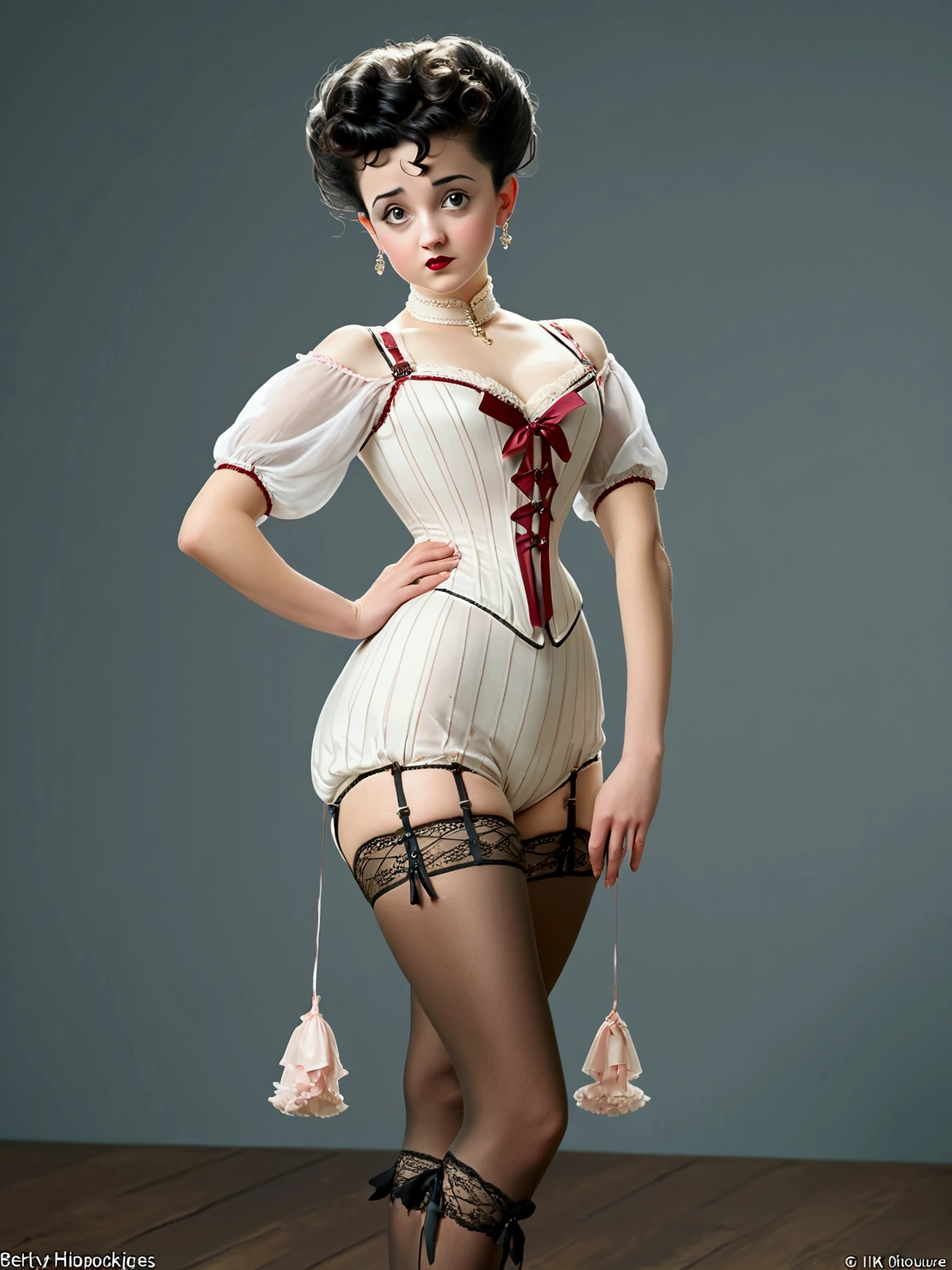 (masterpiece), (realistic), (((NSFW))). (ultra hd 8k), (realistic body proportions). Betty Boop as a 14yo teenage Gibson Girl wearing her Edwardian lingerie. Year 1906. S-bend corset, high-waisted bloomers, silk stockings wth garters, high-button boots. Long brunette updo.