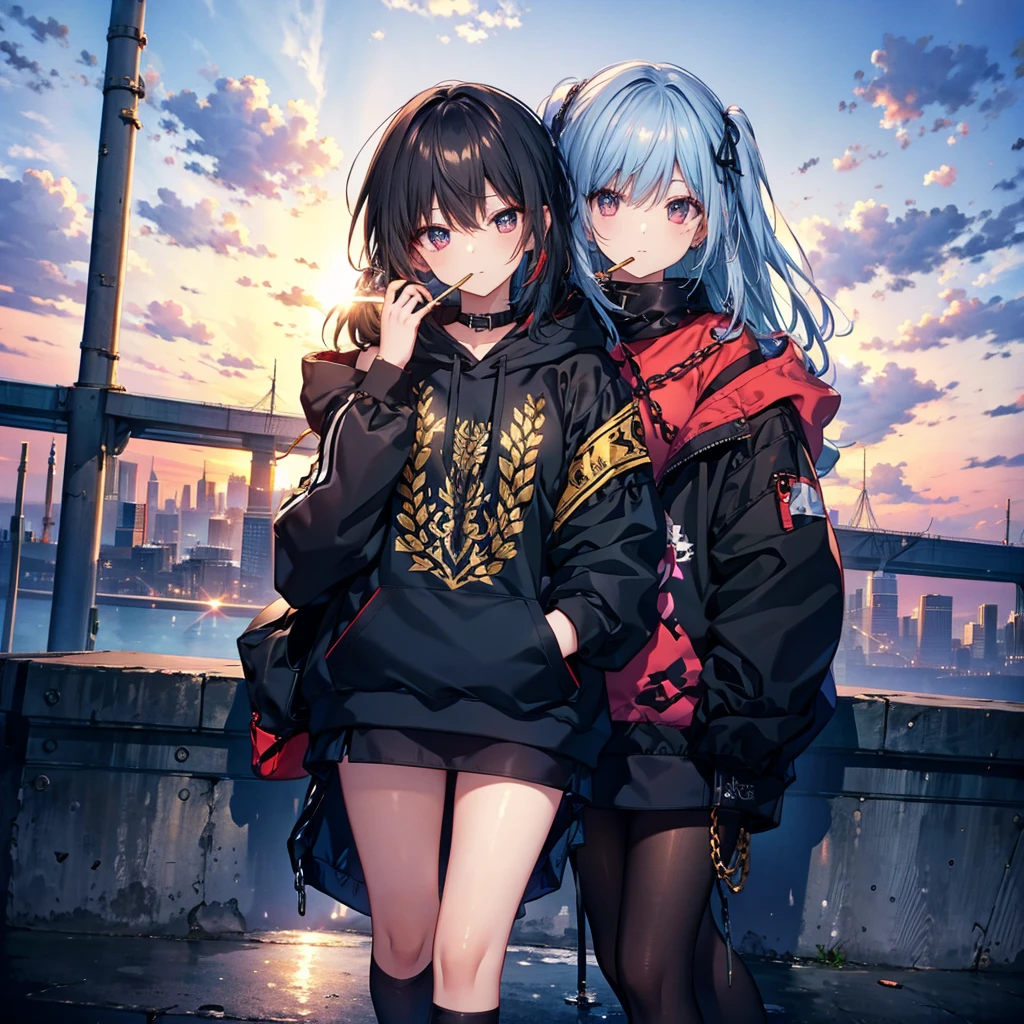 One woman.Punk clothing((Golden chain,Light reflection Tobacco,Hold in mouth,cigarette)) Long Hair,Black Shining Eyes,blue,Glaring punk-like woman,Black and red hoodie,Drop shoulder,Metallic skirt,Fishnet tights,Black Loafers,Close-up Background(Downtown New York,There is a bridge,Sunset and water reflection) Anime Style