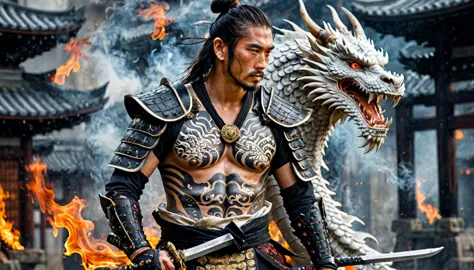 warrior samurai with a white dragon tattoo on his side, muscular, amazing sword, samurai armor, boninto, scars, highy detailed, ...