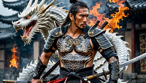 warrior samurai with a white dragon tattoo on his side, muscular, amazing sword, samurai armor, boninto, scars, highy detailed, ...