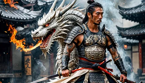 warrior samurai with a white dragon tattoo on his side, muscular, amazing sword, samurai armor, boninto, scars, highy detailed, ...