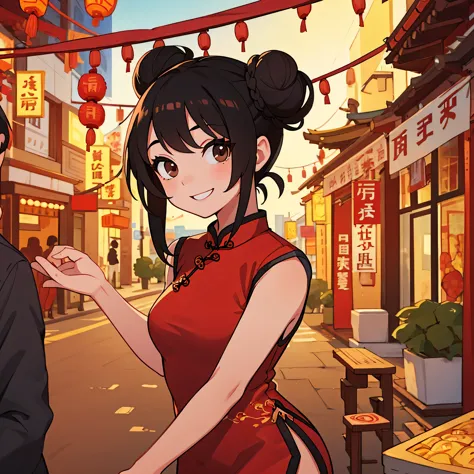 1girl, only one girl, wearing a red cheongsam, double bun hairstyle, black hair, brown eyes, looking at the viewer, smile, in ch...