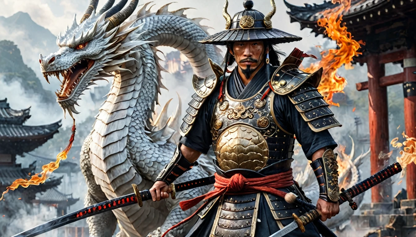 warrior samurai with a straw hat next to a white dragon, muscular, amazing sword, samurai armor, scars, highy detailed, intrikate, flames emanating from the body, ancient japanese city armor, misty, hyper detailled, tattoo's