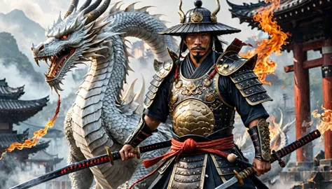 warrior samurai with a straw hat next to a white dragon, muscular, amazing sword, samurai armor, scars, highy detailed, intrikat...