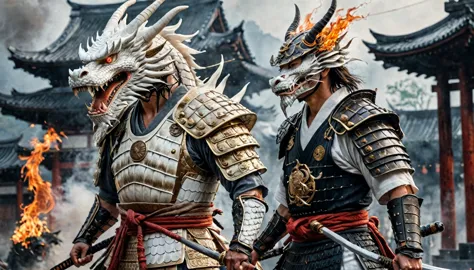 warrior samurai with a straw hat next to a white dragon, muscular, amazing sword, samurai armor, scars, highy detailed, intrikat...