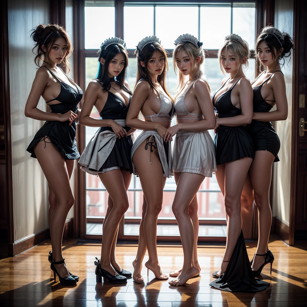 (Full Body of Extremely Detailed((Sexy Maid Group in a row:1.37))), KAWAII perfect face, Reflective Eyes, Detailed(Delicate Clothing textures), Correct Leg Line, Dynamic Joyful Expressions LifeLike Rendering, Specular Reflection, TopQuality 8K Ultra-detailed masterpiece (ProfessionalPhoto:1.37), (Acutance:0.8), (Luminism:1.28), (Renaissance art style), Colorful Light particles, ((Full body from side)), {MicroMini Skirt|Kissing|Breast Lifting|Undressing|Thigh Gap|AssFocus|(NakedApron with Overflowing SideBoob)}, Radiant Fine Skin with Transparency, (Exposed:0.4), (Different types of Anime hair color){Pink Hair|Blue Hair|Platinum Blonde|Pure White Hair|Liquid Hair}, Perfect Lighting 