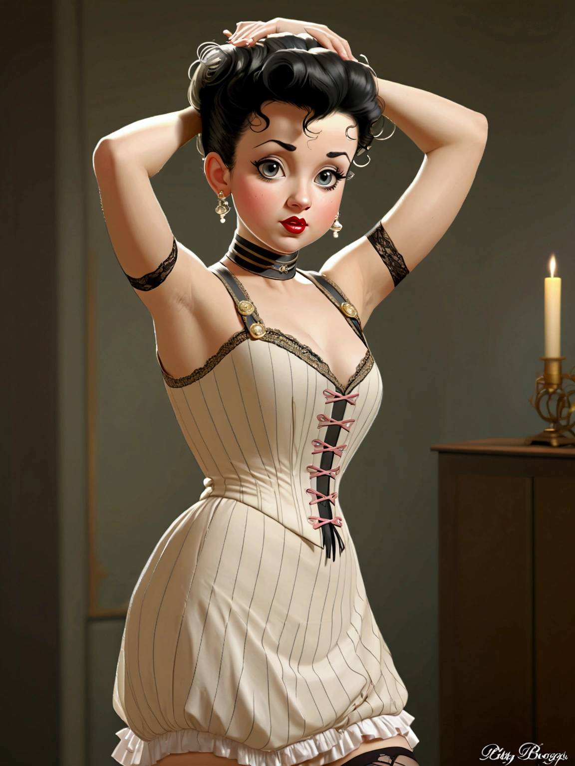 (masterpiece), (realistic), (((NSFW))). (ultra hd 8k), (realistic body proportions). Betty Boop as a 14yo teenage Gibson Girl wearing her Edwardian lingerie. Year 1906. Bullet brassiere, S-bend corset, high-waisted bloomers, silk stockings wth garters, high-button boots. Long brunette updo. Large tits, 9-inch wasp waist, bubble butt. (((Bare arms. Full body)))