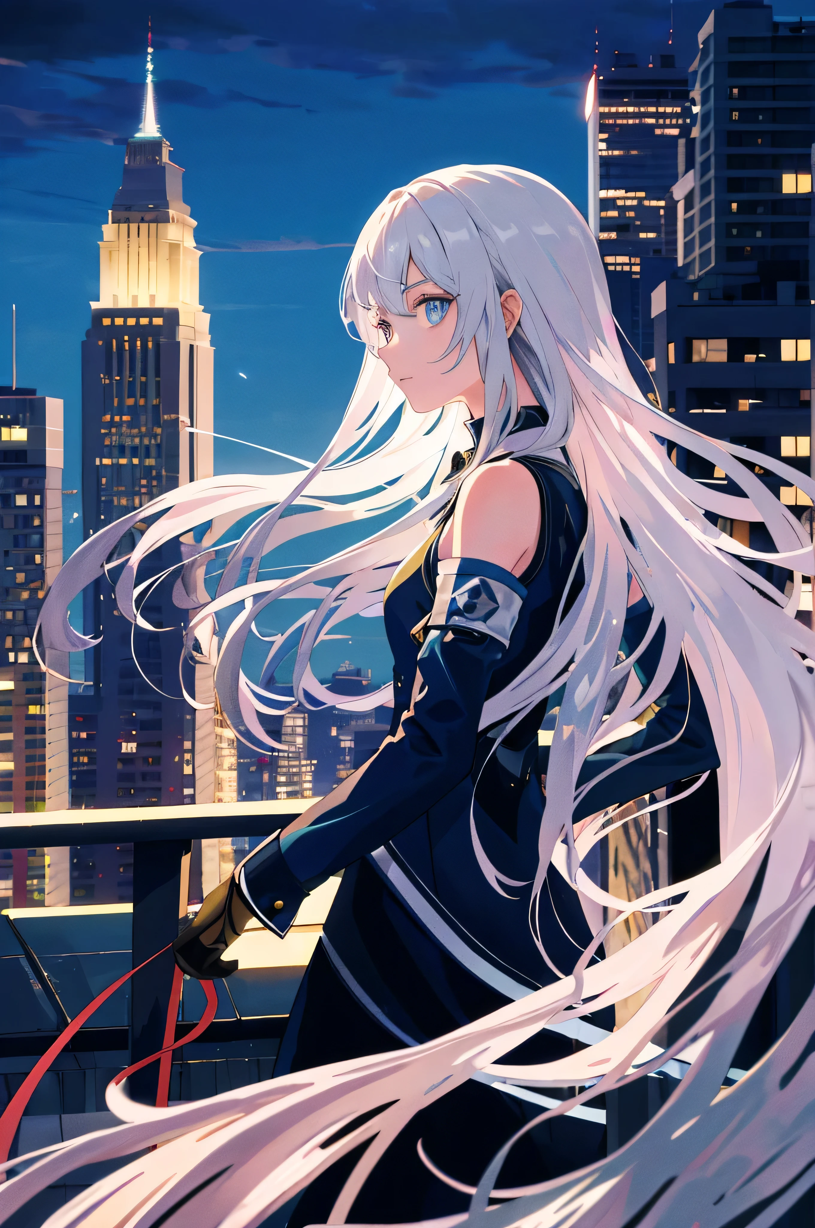 ((masterpiece)), ((best quality)), ((best illustration)), ((ultra-detailed)),((photorealistic color)), 1 lady, solo, teenager, absurdly long hair, silver hair, straight hair, ((blue eyes)), ((ultra detailed eyes)), ((ultra detailed face)), holding weapon, gloomy face, lonely, looking at viewer, business suit, off shoulder, sleeveless, thin body, thin arms, long arms, standing, upper body, side view, rooftop, skyline, urban, night, moonlight, backlight