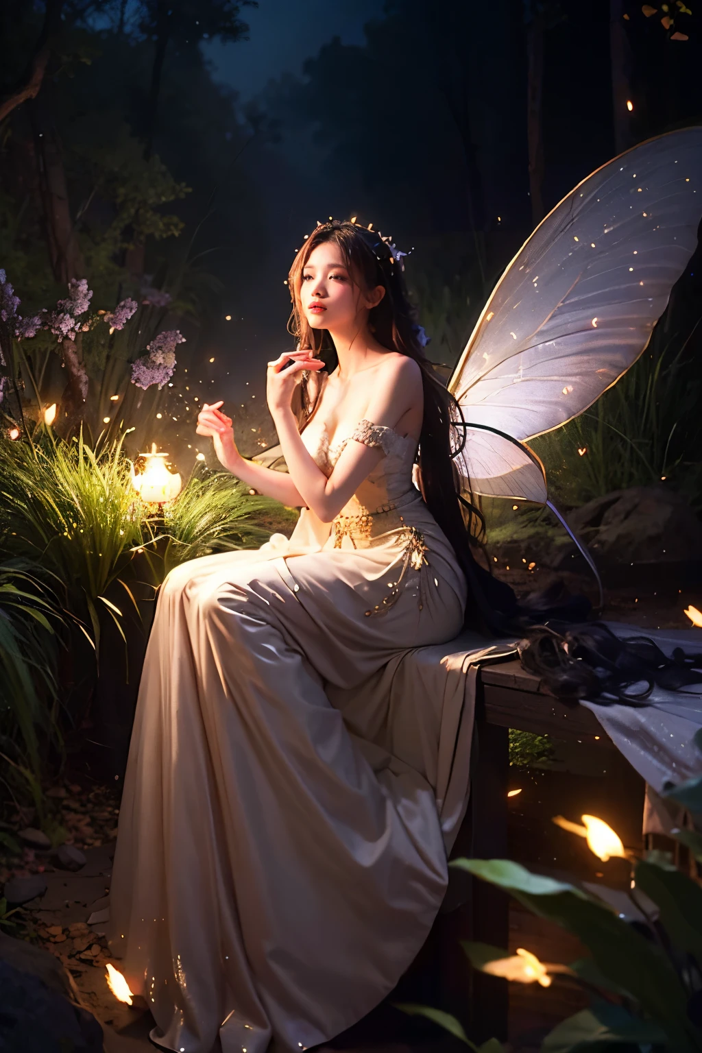 Beautiful fairy, surrounded by fireflies, ethereal and dreamy atmosphere