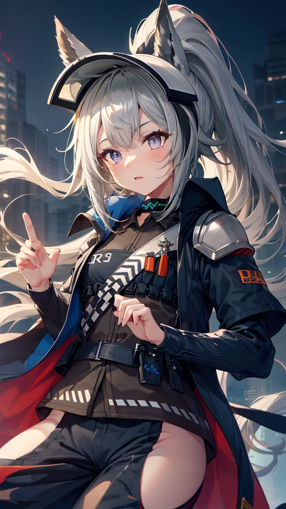 grani_arknights,1girl,gray hair,ponytail,Helmets,jacket,pants,Side slits, Greaves,masterpiece,Noise Reduction,perfect anatomy,high resolution, ultra-detailed, ultra-detailed face,game cg,dutch angle ,beautiful detailed eyes,visualart,five fingers, perfect hands, perfect lighting, sparkling pupils,