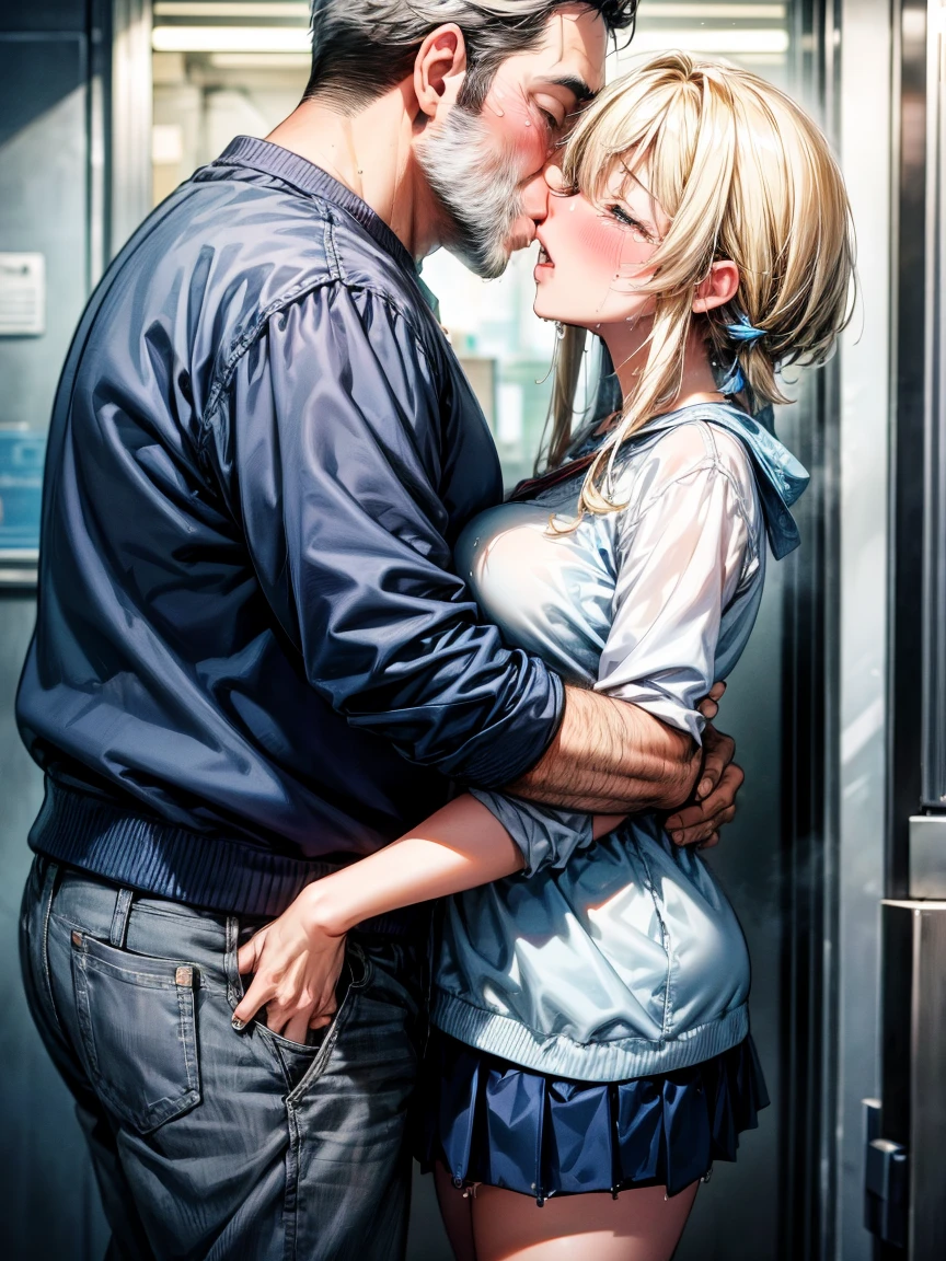 (Girl, Fat middle-aged man:1.2)、Blue knit、Pleated skirt、blush、(Kissing with a middle-aged man:1.6)、(hug)、train、Very detailed、High resolution、4K、masterpiece、High resolution、(tears:1.8)、(Clothes are see-through:1.2)、(heart:1.3)、(rape)、(Grin:1.3)、(Half-close your eyes:1.6)、(Tongue entangled)