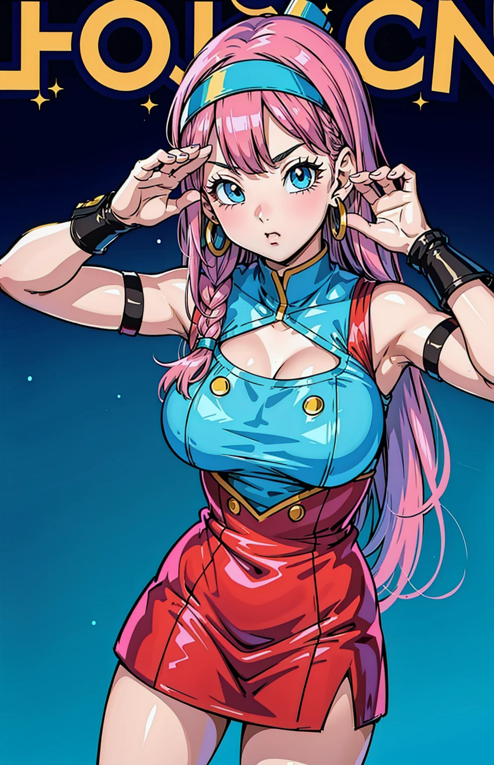 (masterpiece:1.2),( high quality:1.1), bulla,pout, long hair, straight hair,bangs, pink hair, blue eyes, mascara, long lashes, hairband, red hairband, earrings, bodycon dress, sleeveless,  blurry background,(looking at viewer, Bend forward:1.1),, huge breast,large breast,(beautifully lit:1.1),1girl, solo,  gloves, hat, top hat, braid, long hair, salute, breasts