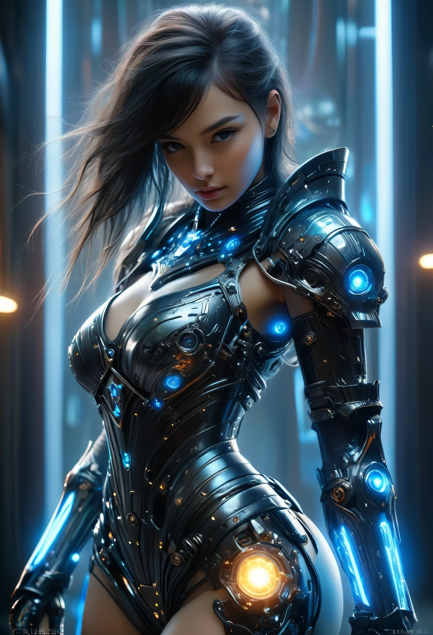 (Best Quality, 4K, 8K, High Resolution, Masterpiece: 1.2), (Super Detailed, Realistic, Photorealistic:1.37), A woman in futuristic clothing, (erotic and sexy:1.4), Trending on cgstation, Trending on cgstation, (Portrait of a girl in the Knights of the Zodiac:1.4), (blunt bangs:1.7), Cute Cyborg Girl, Perfect android girl, Portrait Astronaut Girl, Beautiful girl cyborg, Girl wearing black pale blue iridescent mechanical cyber armor, Game CG, cgsociety and fenghua zhong, Beautiful Cyborg Shrine Maiden, Bioluminescence, (Gal Gadot:0.6), Anatomically correct grip, Anatomically correct four fingers and one thumb, (long claws:1.4), erotic and sexy, A gorgeous cape with beautifully detailed embroidery, energy ball