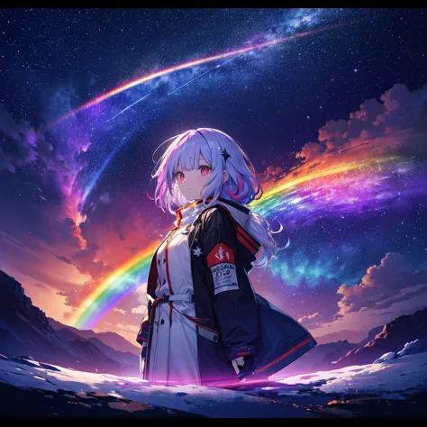 ((fantasy　rainbow hair　髪の内側をrainbow colorsに染める　long hair　dull red eyes,center close-up　has a galaxy　uniform　put on a coat withou...