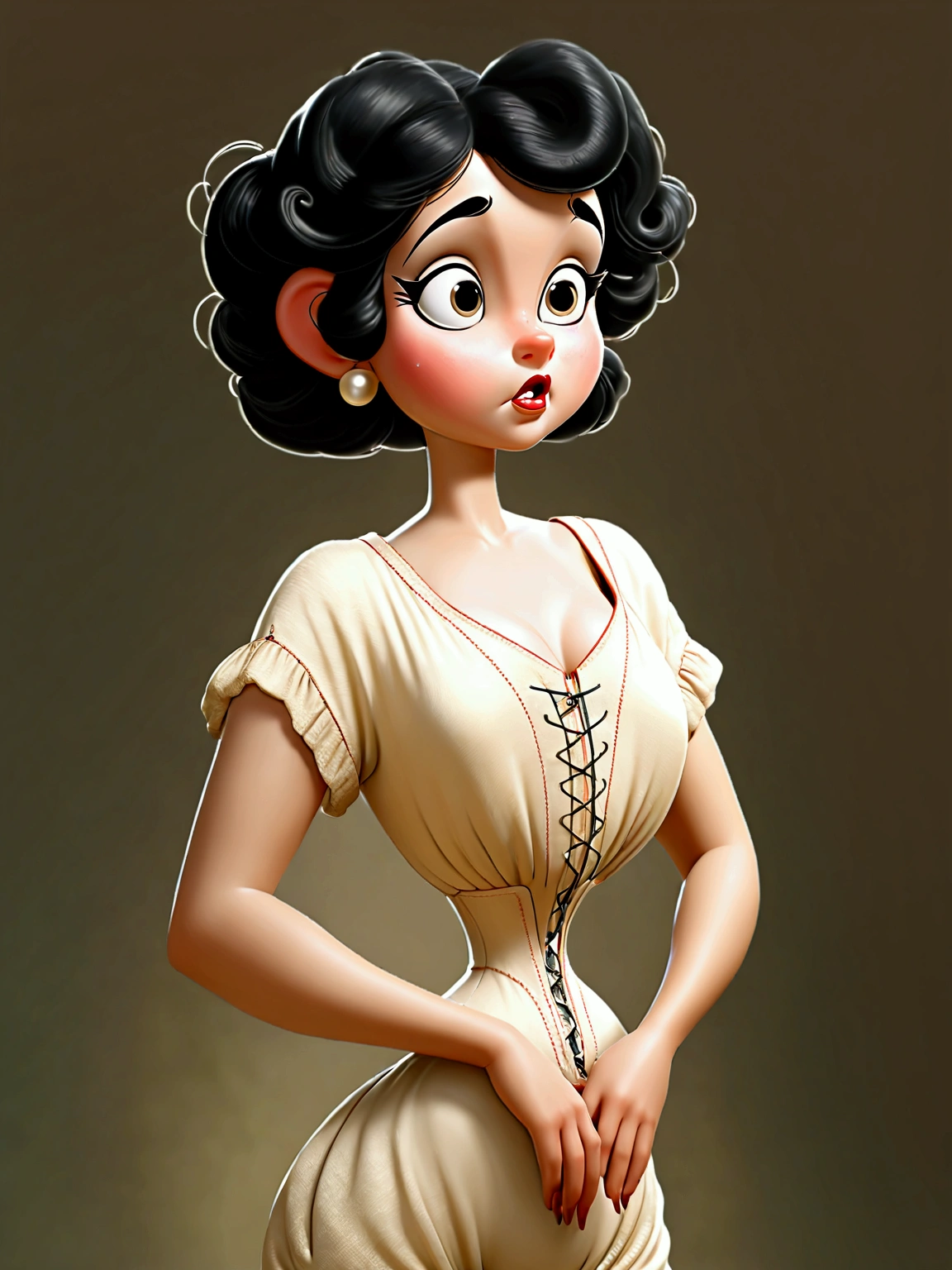 (masterpiece), (realistic), (((NSFW))). (ultra hd 8k), (realistic body proportions). Betty Boop as a 14yo teenage Gibson Girl wearing her Edwardian lingerie. Year 1906. Bullet brassiere, S-bend corset, high-waisted crotchless bloomers, silk stockings with garters at the tops, high-button boots. Long brunette updo. Large tits, 9-inch wasp waist, bubble butt. (((Bare arms. Full body)))