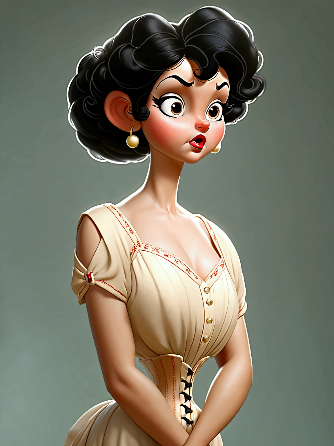 (masterpiece), (realistic), (((NSFW))). (ultra hd 8k), (realistic body proportions). Betty Boop as a 14yo teenage Gibson Girl wearing her Edwardian lingerie. Year 1906. Strapless bullet brassiere, S-bend corset, high-waisted crotchless bloomers, silk stockings with garters at the tops, high-button boots. Long brunette updo. Large tits, 9-inch wasp waist, bubble butt. (((Bare arms. Full body)))