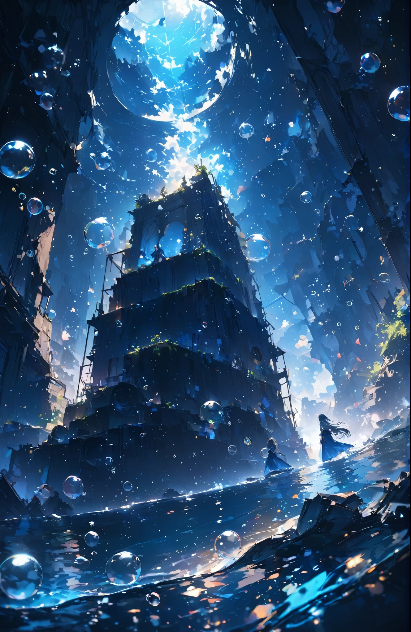 ((Amazingly absurd)),超High resolution, Attention to detail, high quality, High resolution, 最high quality, 4K, 8k、A sunken ruin、In the water、Surrounded by bubbles、A world of deep blue、Overall, a work in deep blue tones