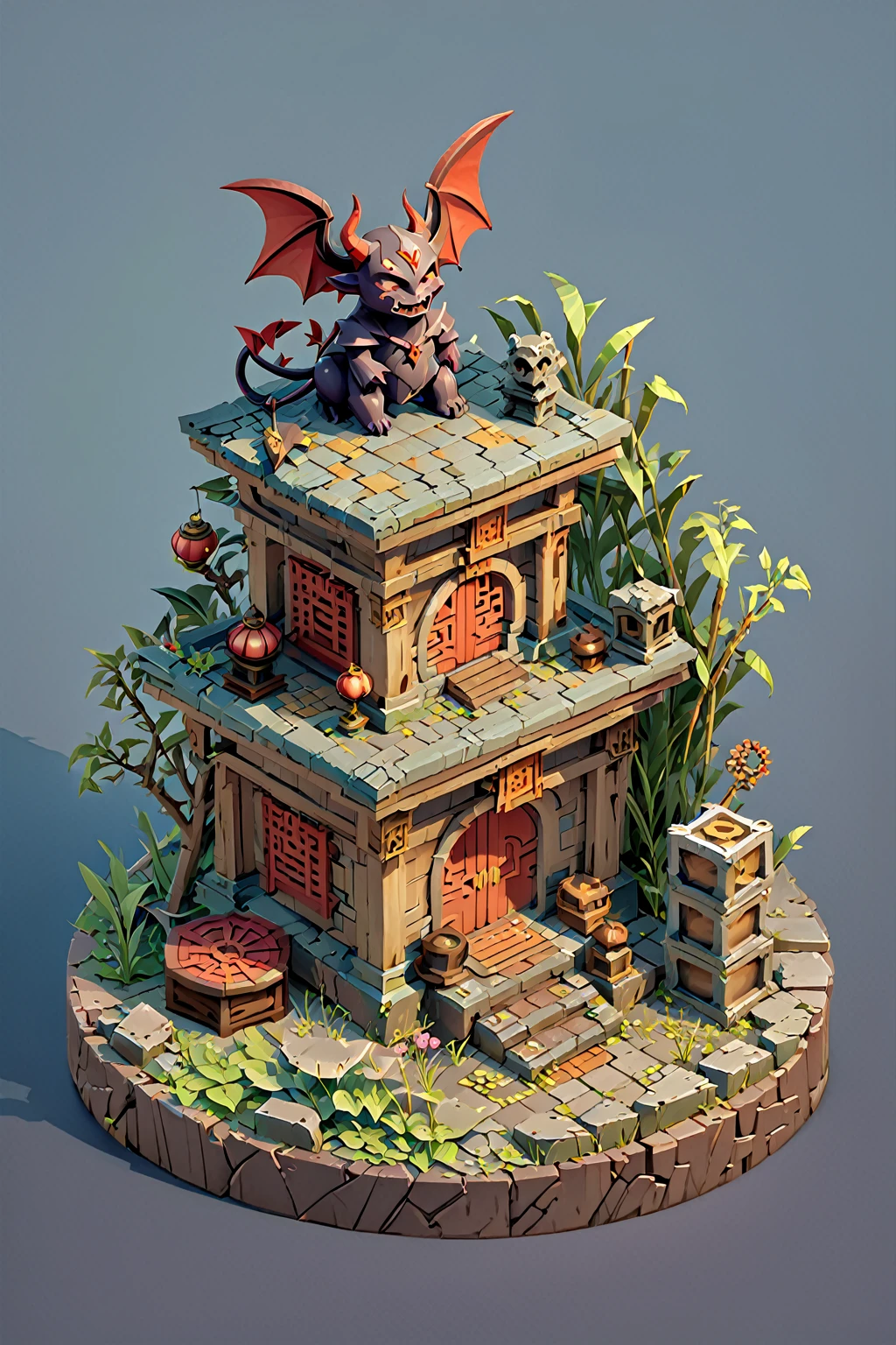 Isometric Chinese Wind Q Edition close-up of a demon and a demon figurine, Circular altar, Isometric Game assets, Game Assets Mystery, Game Render, War-torn environments, polycount Contest winners, Ancient weeds! Ruins, isometric game art