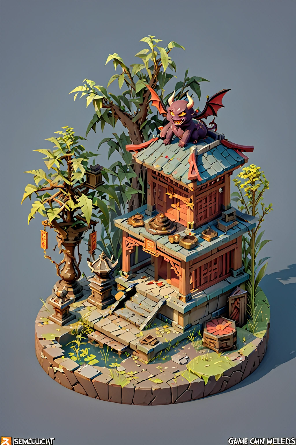 Isometric Chinese Wind Q Edition close-up of a demon and a demon figurine, Circular altar, Isometric Game assets, Game Assets Mystery, Game Render, War-torn environments, polycount Contest winners, Ancient weeds! Ruins, isometric game art